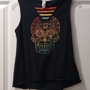 No Boundaries Black Muscle Tee with Rainbow Skull